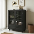 thumbnail image 1 of GZXS Black Minimalist Storage Buffet Cabinet with Glass Doors and Drawer, 28" MDF Cupboard with Adjustable Shelf and Solid Wood Legs for Hallway, Dining Room, Home Office, 1 of 9
