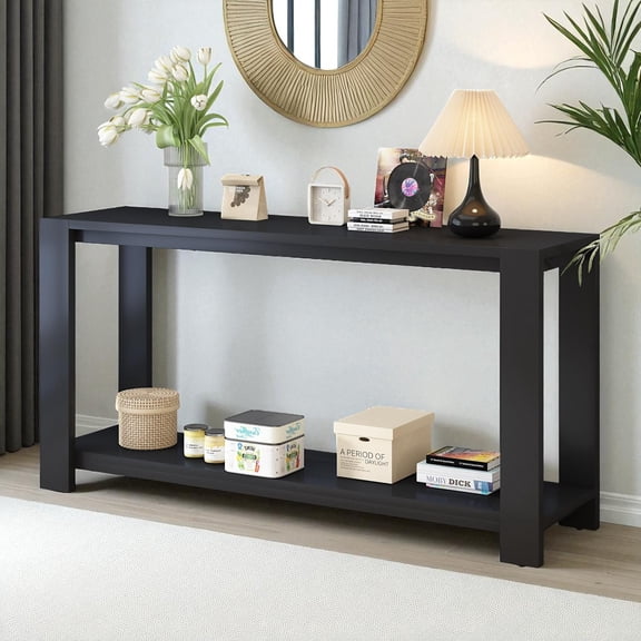 GZXS Black Narrow Sofa Table Behind Couch, Modern Minimalist Entryway Sofa Table with Sturdy Legs and Open Shelf, 59.8"L x 15.7"W x 30"H