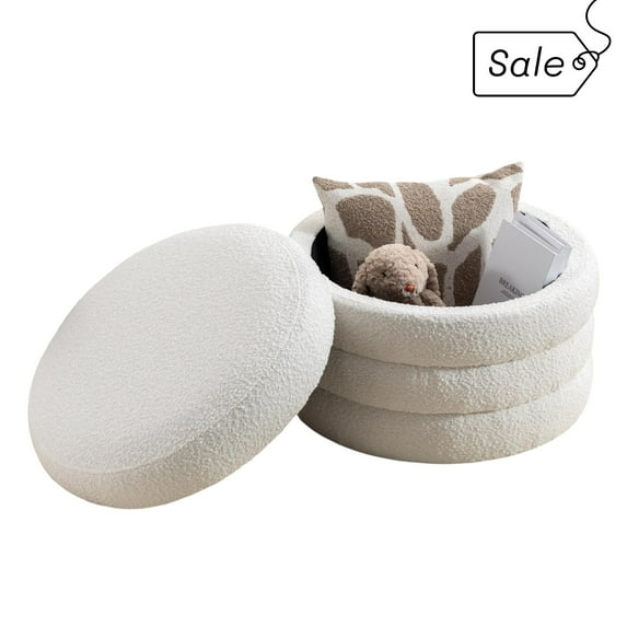 GZXS Black Round Boucle Ottoman with Flip-Top Storage, Multi-Functional Footrest and Small Accent Table, for Bedroom & Living Room & Home Decor, 22.44"Dia x 16.14"H