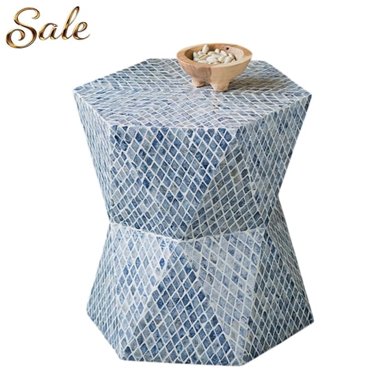 GZXS Blue Hexagon Garden Stool Accent End Table with Capiz Inlay, 19" Decorative Side Table for Indoor & Outdoor Use, No Assembly