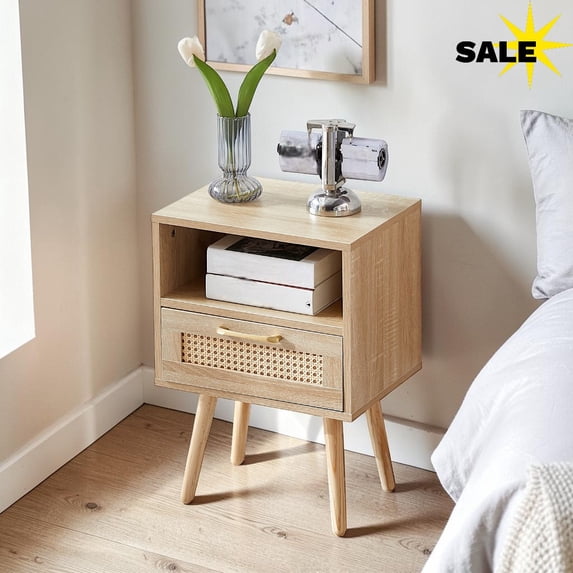 GZXS Boho Rattan Bedside Table with Storage Drawer & Open Shelf, 2-Tier Nightstand with Solid Wood Legs, for Bedroom, Living Room, Apartment (Natural)