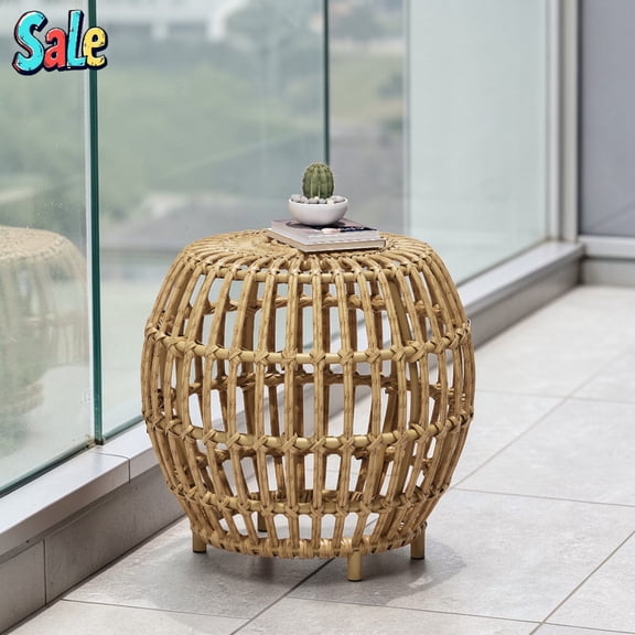 GZXS Boho Wicker Drum Side Table, Handcrafted PE Rattan End Table with Open Airy Weave, for Deck/Patio/Balcony/Living Room, No Assembly Required (Light Brown, 19.7"Dia x 18.5"H)