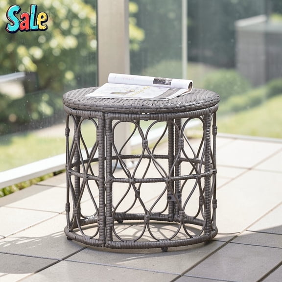 GZXS Boho Wicker Side Table, 19.75" Round End Table with PE Rattan Woven Top, Indoor/Outdoor Use, for Patio Living Room (Gray)