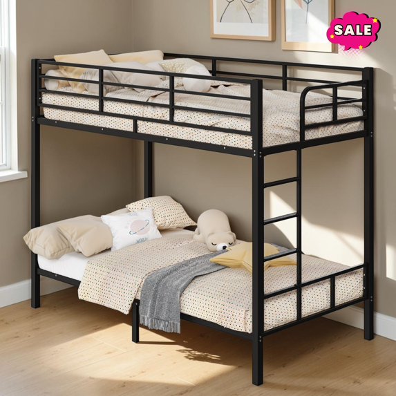 GZXS Bunk Bed Twin Over Twin Size,Metal Bed Frame with Side Ladder and Safety Guardrail,Space Saving, Black