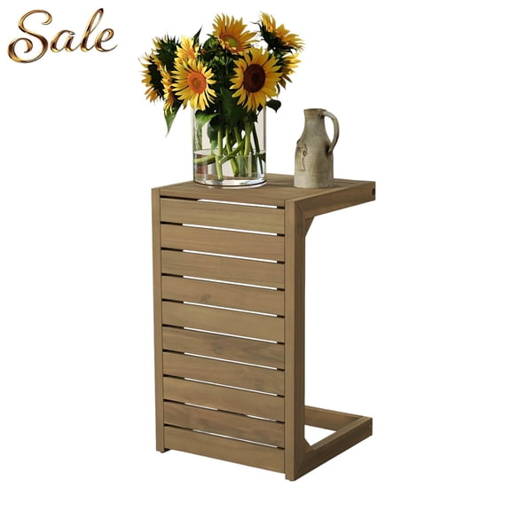 GZXS C-Shaped Acacia Wood Side Table, Slatted Outdoor End Table for Patio, Backyard, or Balcony, Modern Multipurpose C Table, Brown