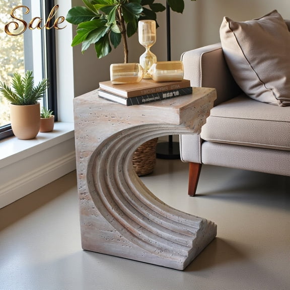 GZXS C-Shaped Sculptural Side Table, Magnesium Oxide Accent Table with Wave-Inspired Stone Texture, Modern End Table for Sofa or Bedside -16.3" x 12.2" x 22.5" (Beige Mix)