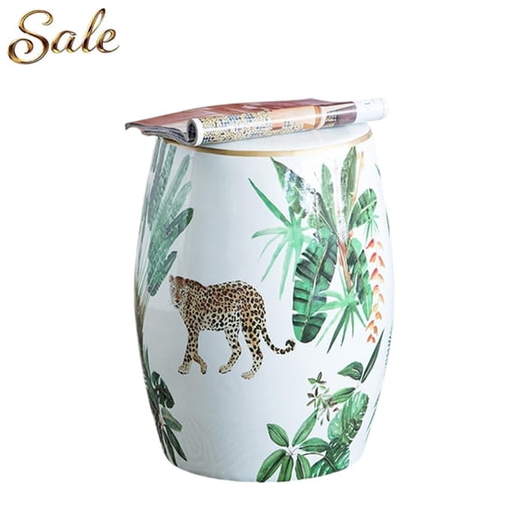 GZXS Ceramic Garden Stool in Jungle-Themed, 13" Round End Table with Leopard & Foliage Pattern, No Assembly Accent Table/Plant Stand/Extra Seating for Bedroom/Living Room/Patio/Deck/Balcony