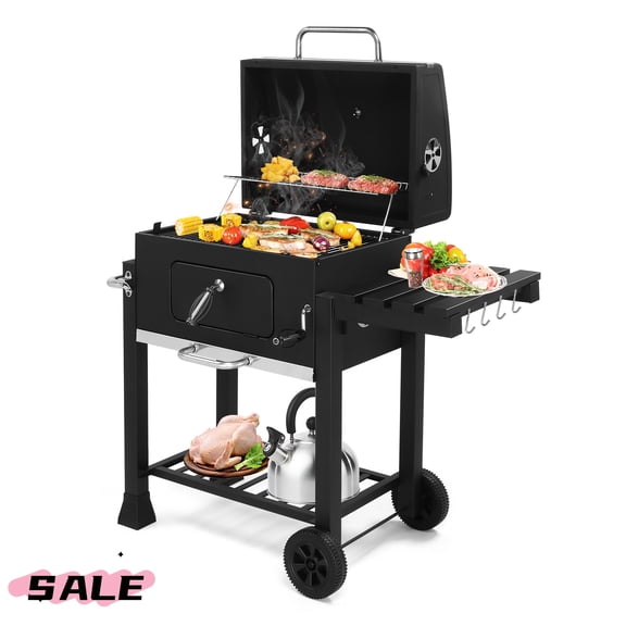 GZXS Charcoal Grill with Folding Side Table and Wheels, Rolling BBQ Grill with Removable Ash Tray, Temperatures and Bottom Shelf for Outdoor Patio Backyard, Black