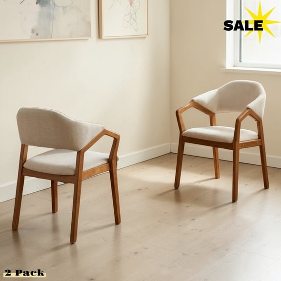 GZXS Chenille Upholstered Dining Armchairs Set of 2, Modern Bent Wood Frame Accent Kitchen Chairs with Ergonomic Curved Back, 23.23"W x 21.46"D x 31.1"H, Beige & Teak