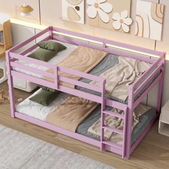 GZXS Classic Bunk Bed Twin over Twin Size, Solid Rubber Wood Frame with Strengthened Plywood Slats, for Bedroom (Pink)