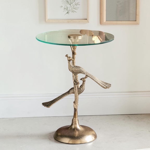 GZXS Clear Glass Accent Side Table with Gold Aluminum Pedestal, Peacock & Branch Design Center Support, for Home Corner/Living Area/Display Space, 17.7"Dia x 24"H