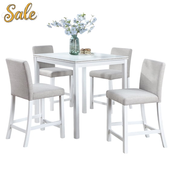 GZXS Compact 5-Piece Counter Height Table Set, 34.5" Square Kitchen Table with 4 Upholstered Chairs, Space-Saving Dining Set for Apartment/Home Office (White+Light Gray)