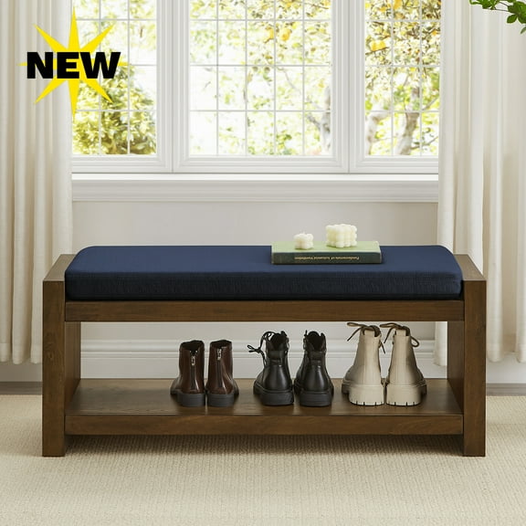 GZXS Compact Bedroom Bench for End of Bed, Modern Storage Bench Ottoman with Removeable Seating Cushion, 2 Tier Shoe Storage Organizer for Hallway, Living Room (Navy Blue)