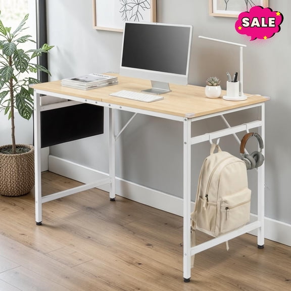 GZXS Computer Desk with Side Hooks, 47.2" Study Writing Table with Storage Bag, PC Laptop Table with Metal Frame for Home Office, Oak