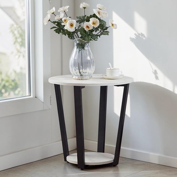 GZXS Contemporary Accent Side Table, 2-Tier MDF Round End Table with Lower Storage Shelf, Easy Assembly, 20"Dia x 20.5"H, Off-White & Black