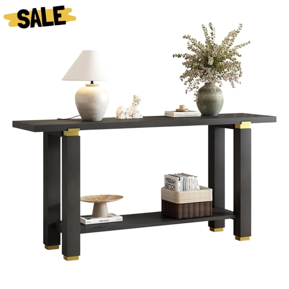 GZXS Contemporary Narrow Console Table for Hallway, Entryway, or Behind Couch, 2-Tier Storage Sofa Table with Pine Wood Legs and Metal Accent, Black