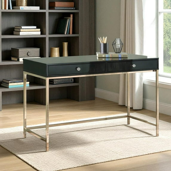GZXS Contemporary Writing Desk with 2 Drawers, Black High Gloss MDF Top and Gold Electroplated Metal Base - 47"L x 20"W x 31"H