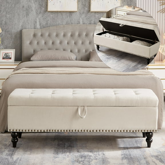 GZXS Cotton Linen Upholstered Storage Bench, 59" Long Tufted Bed Bench with Rubber Wood Legs, Modern Mid Century Storage Ottoman Seat for Window,Entryway,Living Room (Beige)