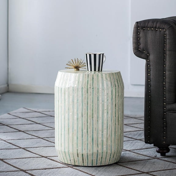 GZXS Cream and Green Striped Capiz Cylinder Accent Stool/Side Table - 14 Inch Decorative Plant Stand Display End Table with Mosaic Inlay for Living Room or Entryway