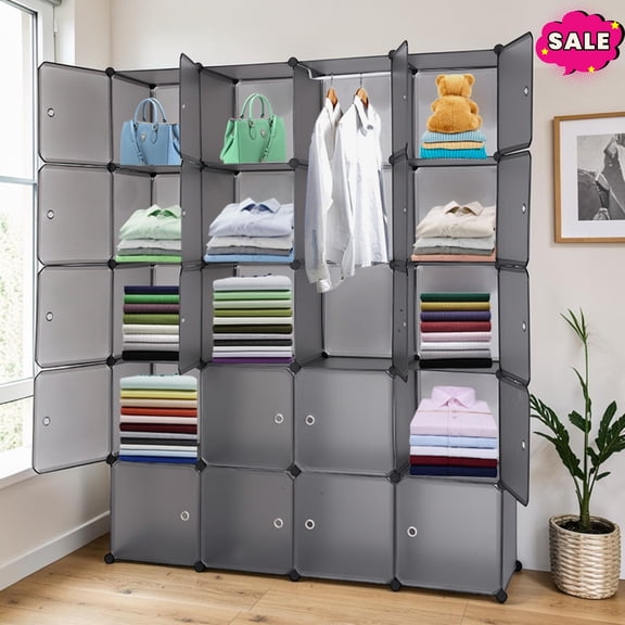 GZXS Cube Storage Organizer with Doors, 20-Cube Shelves, DIY Plastic Modular Closet Cabinet with Hanging Rod for Living Room, Bedroom, Easy Assembly, Gray