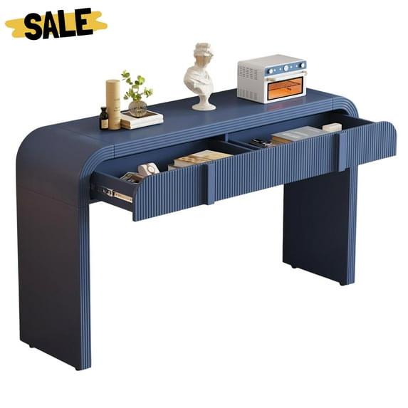 GZXS Curved Console Table with 2 Fluted Drawers, 55" Modern Entryway Table with Rounded Silhouette for Hallway, Living Room (Navy Blue)