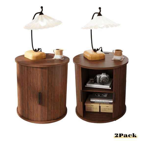GZXS Cylinder Nightstands Set of 2, Farmhouse 2-Tier Storage Bedside Table with Sliding Door and Charging Station, Mid-Century Modern Round End Table in Walnut Finish, 23.62"Dia x 23.62"H