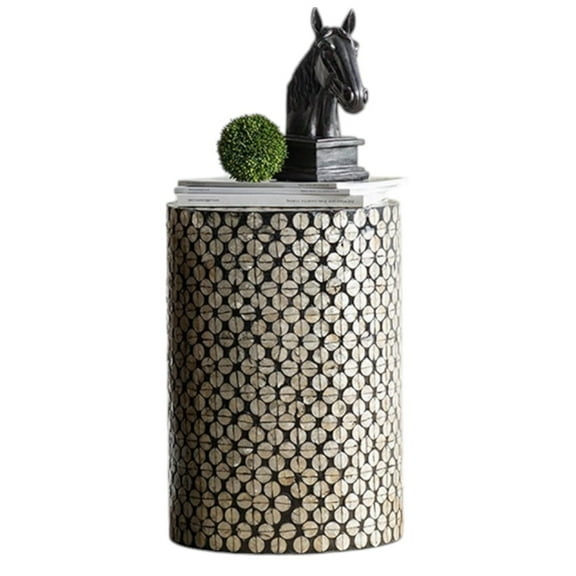 GZXS Cylindrical Accent Side Table w/ Gold Capiz Shell Inlay and Striking Black Backdrop, Vintage Stool Display Plant Stand for Home Decor - 14"Dia x 20"H