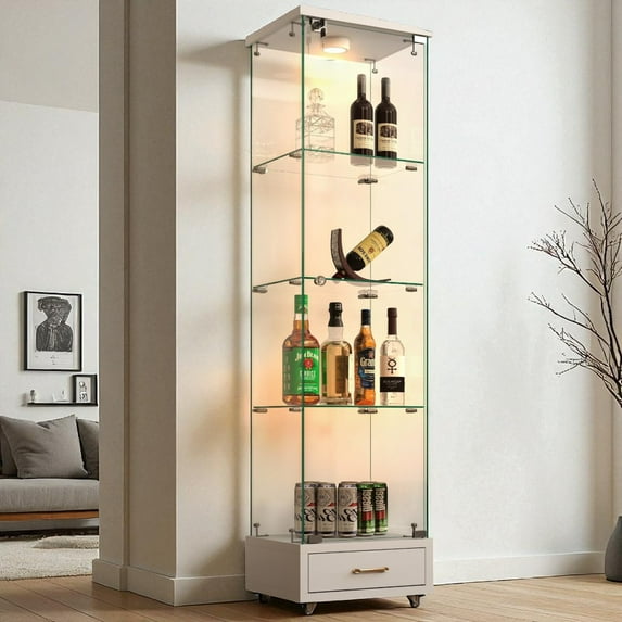 GZXS Display Cabinet with Lockable Glass Door, Modern Curio Cabinet with RGB LED Lights and Drawer for Collectibles, 4 Tier Glass Display Case for Living Room, Office, 16.7"L x 14.4"W x 65.8"H, White