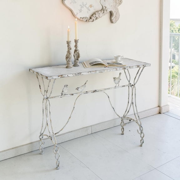 GZXS Distressed Iron Entryway Console Table with Twisted Legs and Whimsical Birds Accent, Weathered White Finish (43.1"L x 16.3"W x 33.8"H)