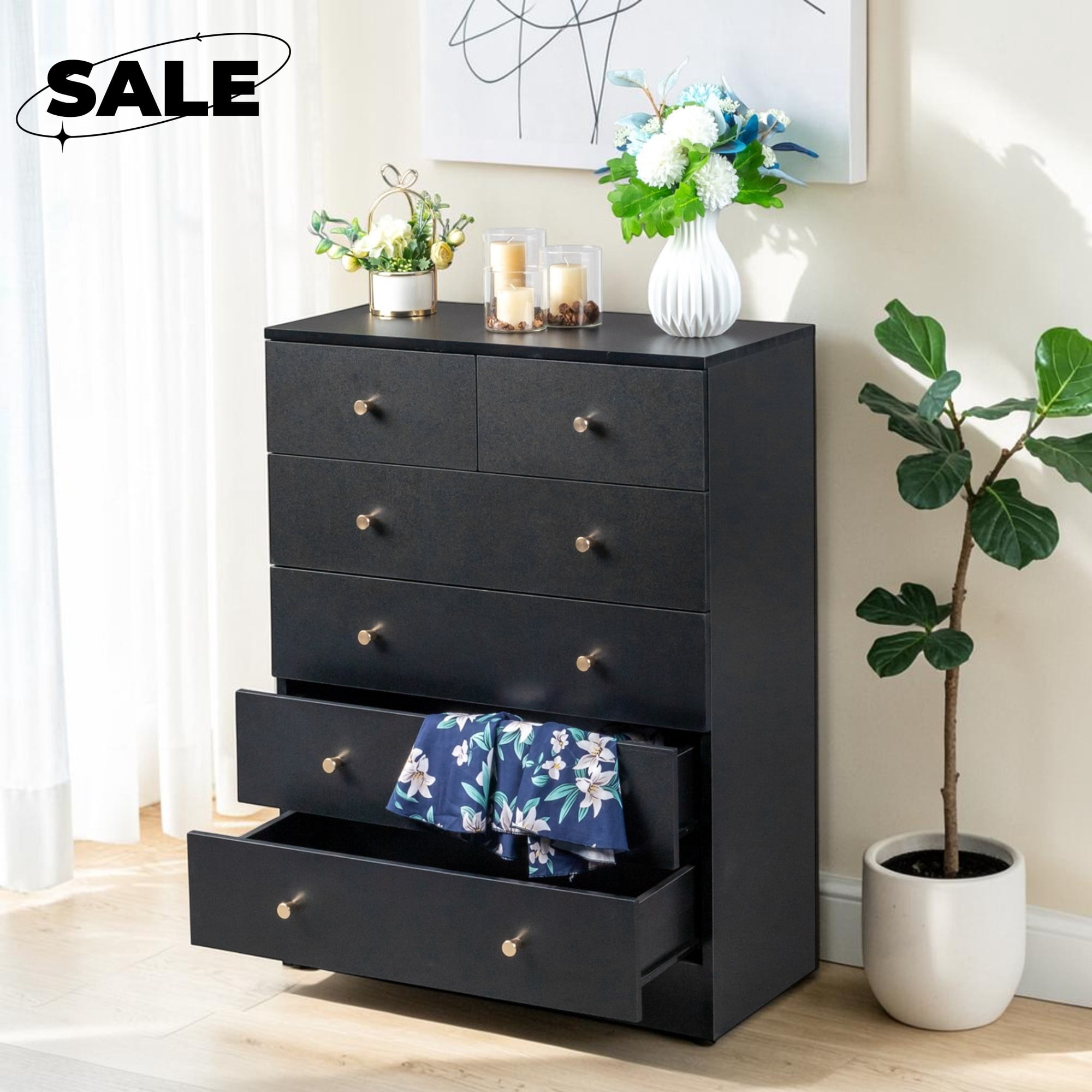 GZXS Dresser for Bedroom with 6 Drawers, Chest of Drawers, Closet Organizer for Living Room, Hallway, Black