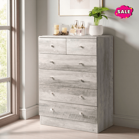 GZXS Dresser for Bedroom with 6 Storage Drawers, Chest of Drawers, Clothes Organizer for Hallway, Entryway, Gray
