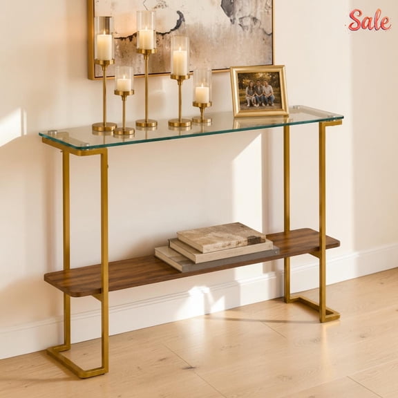 GZXS Entryway Console Table with Glass Top, 43.4" Modern Sofa Table with Shelf, 2-Tier Behind Couch Table with Metal Frame for Living Room, Hallway, Easy Assembly, Gold & Walnut