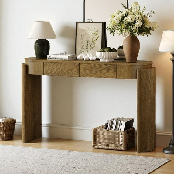 GZXS Entryway Console Table with Fluted Legs and 2 Drawers, 55.1" Oval Sofa Table in Wood Grain Finish for Living Room or Hallway (Pine Wood Color)