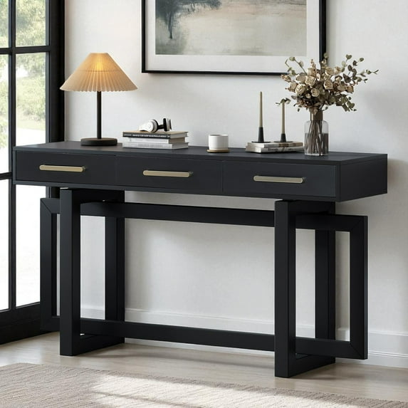 GZXS Entryway Console Table with Storage, Modern Wooden Hallway Sofa Table w/ 3 Drawers, for Living Room and Foyer, 57"L x 15.7"W x 30.6"H, Black