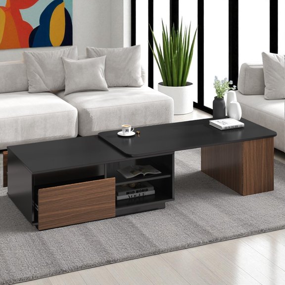 GZXS Extendable Coffee Table with 2 Storage Drawers & Open Shelves, Modern Length-Adjustable Wood Center Table for Living Room, Black & Walnut Finish