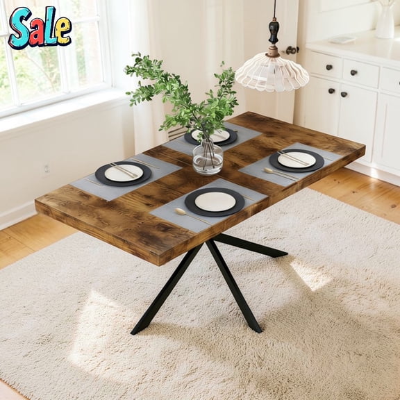 GZXS Extendable Dining Table 55 to 71 Inches, Retro Farmhouse Kitchen Table with Self-Storing Leaf, Rustic Brown MDF Wood Top & Black Metal Legs
