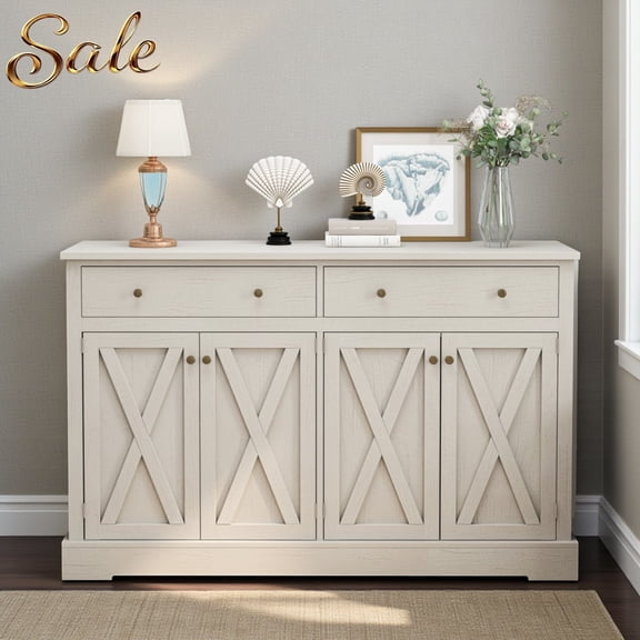 GZXS Farmhouse 55" Buffet Cabinet with Storage, 35.6" Tall Coffee Bar Cabinet w/2 Drawers & 4 Barn Doors & Adjustable Shelves, for Dining Room, Kitchen, Living Room, Vintage White