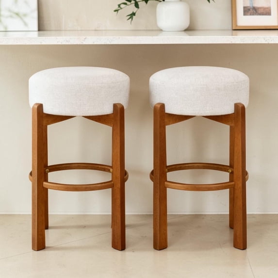 GZXS Farmhouse Bar Height Backless Counter Stools Set of 2, Upholstered Pub Chairs with Round Cushion Seat and Walnut Wood Legs for Kitchen Island, Dining Room