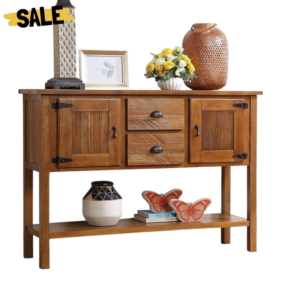 GZXS Farmhouse Console Table with 2 Drawers, 2 Doors, Open Storage Shelf, Solid Pine Wood Entryway Sofa Table for Home Decor, Living Room, 48"L x 13.87"W x 33"H, Brown