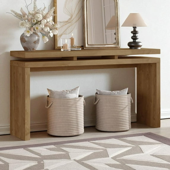 GZXS Farmhouse Console Table with Double Board Suspension Design, Antique Brown Entryway Table with Solid Wood Frame & MDF Shelves - 59.8"L x 14.96"W x 31.69"H