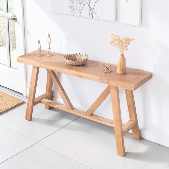 GZXS Farmhouse Console Table in Natural Finish, 58.5-Inch Wooden Sofa Table with Sawhorse Legs, Rustic Narrow Accent Table for Entryway, Hallway or Living Room