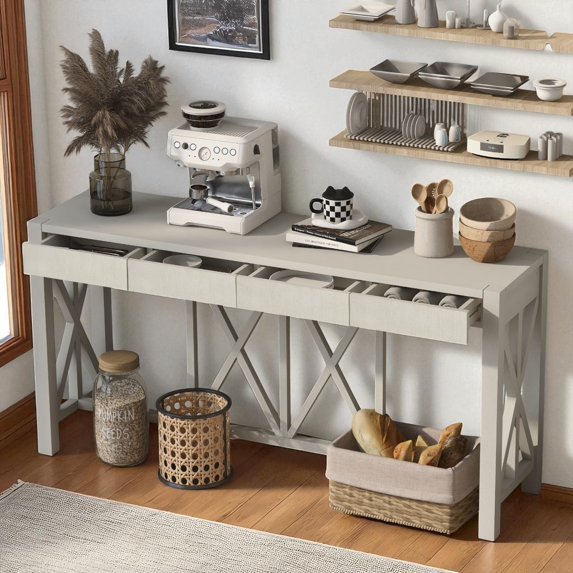 GZXS Farmhouse Entryway Console Table with 4 Drawers & X-Leg Design, 60.09"L x 15.75"W x 30"H, Beige