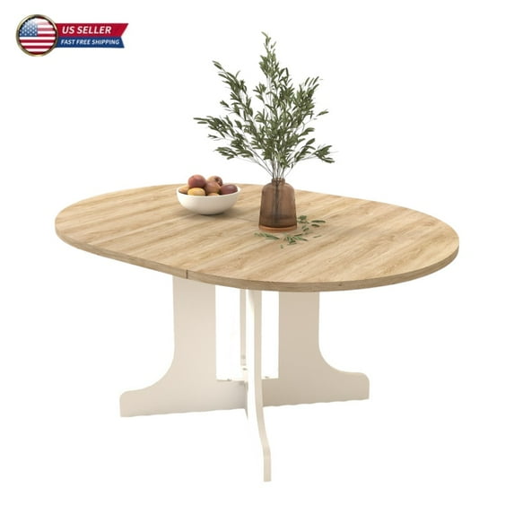 GZXS Farmhouse Extendable Oval Wooden Dining Table, 43-59 Inch Expandable Top with Self-Storing Leaf and Trestle X-Base, for 4-6 Persons (White Oak)