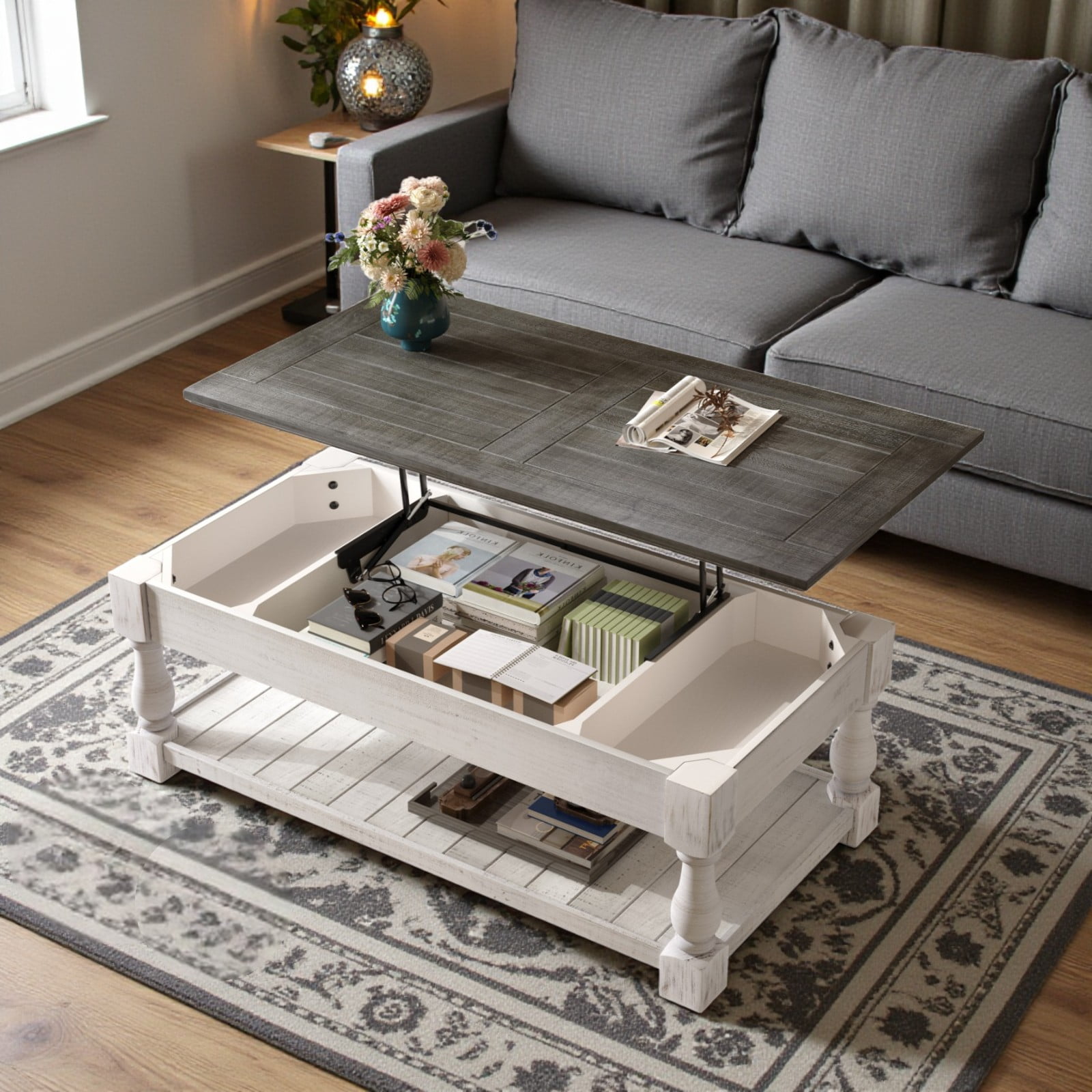 GZXS Farmhouse Lift Top Coffee Table with Hidden Storage & Lower Shelf ...