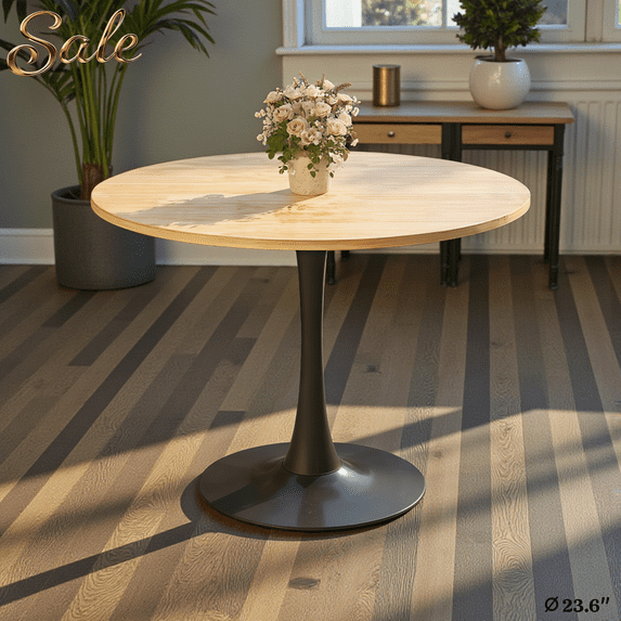 GZXS Farmhouse Round Dining Table, 23.6" Diameter Natural Wood Finish MDF Top with Metal Pedestal Base, Easy to Clean & Assemble, Versatile for Kitchen, Apartment & Dining Room