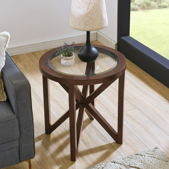 GZXS Farmhouse Round Side Table with Tempered Glass Top and Solid Poplar Wood Tripod Base, Mid-Century Modern Accent Table for Living Room or Office, Cherry