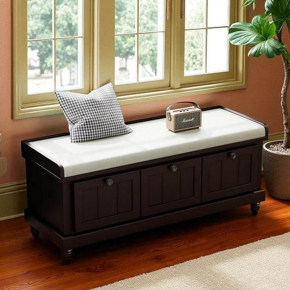GZXS Farmhouse Shoe Bench with Soft Cushioned Seat, Entryway Organizer Storage Bench w/ Flip-Top Hidden Compartment & 3 Drawers for Living Room, Bedroom, Hallway (Espresso)