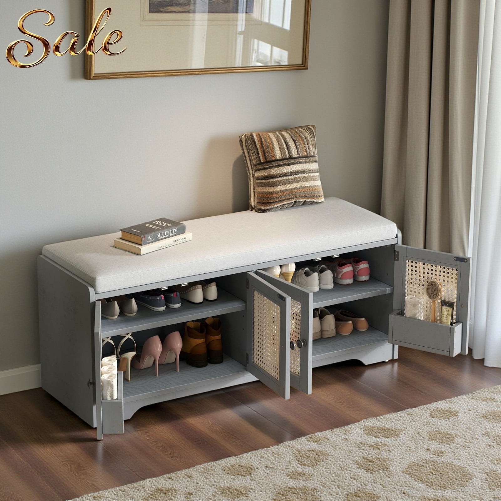 GZXS Farmhouse Shoe Storage Bench, 47.4-Inch Entryway Bench with Padded ...