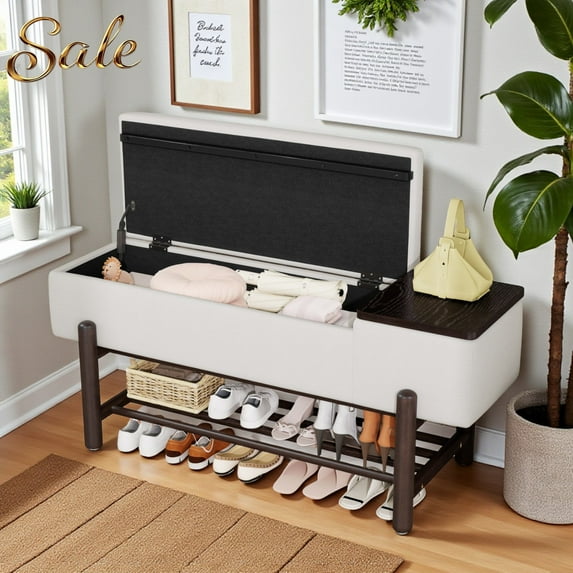 GZXS Farmhouse Shoe Storage Bench with Padded Seat and Bottom Shelf, Flip-Top Entryway Shoes Organizer Bench w/ Solid Wood Legs, 47.24"L x 16.73"W x 19.9"H, Espresso