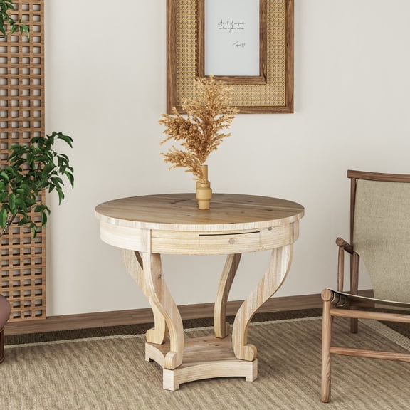 GZXS Farmhouse Style 31.5" Small Round Dining Table Living Room Wooden Coffee Table with 2 Drawer, Open Shelf and Curved Legs, Natural